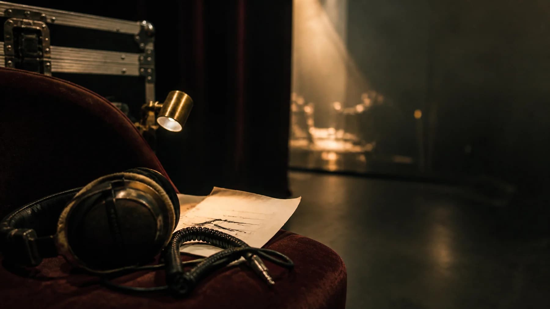 Casque et carnet en coulisses après un concert