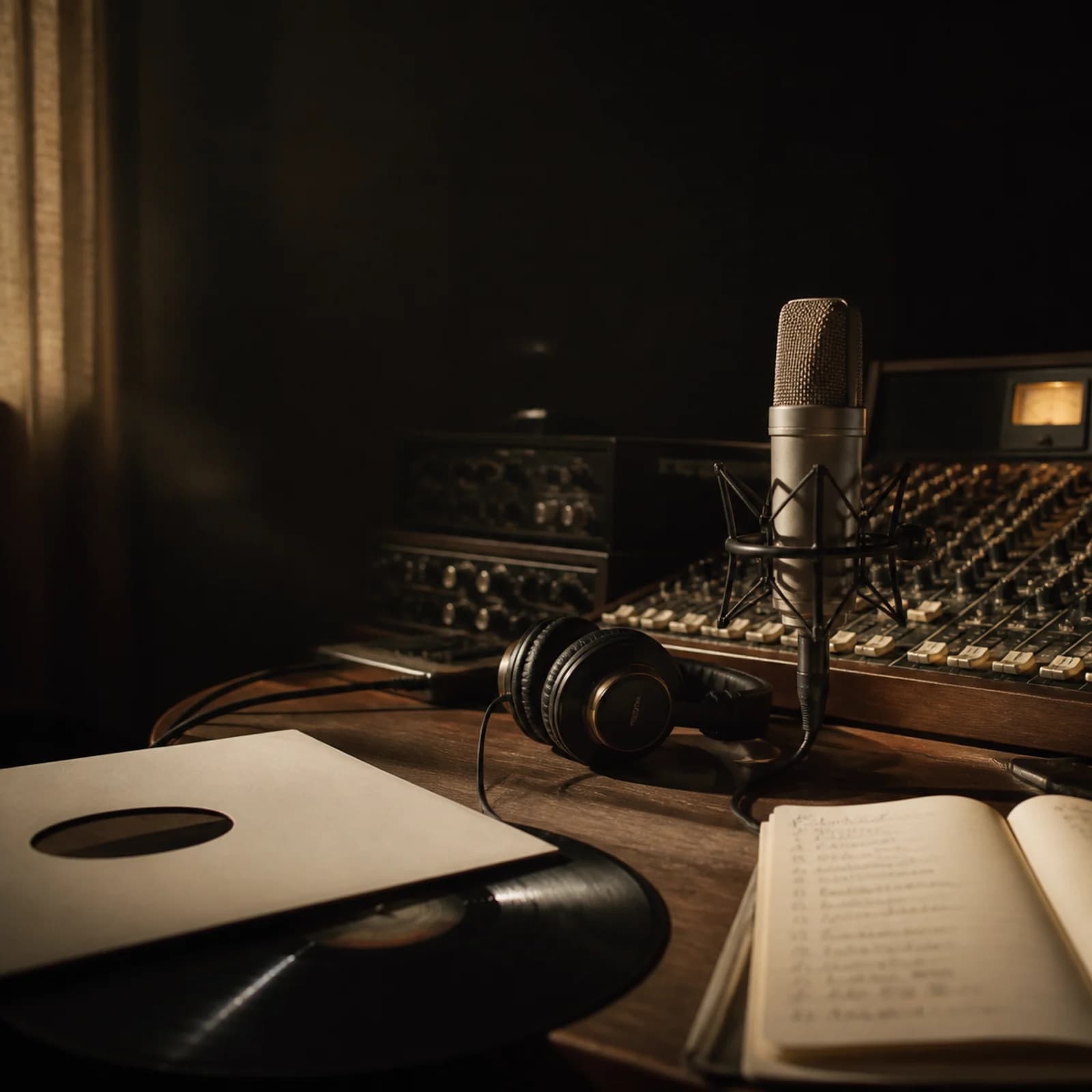 Micro, casque, vinyle et carnet dans un studio musical